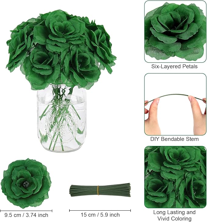 LELEE Rose Head Flowers with Stem - 108pcs Emerald Green Rose Artificial Flowers Bulk - Silk Roses Fake Flower for Wedding Bouquet Party Home Decor DIY Centerpieces Tables St Patrick's Day Decoration