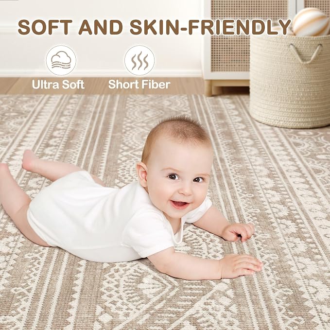 Tortania Area Rug Living Room Rugs - 10x14 Washable Large Soft Neutral Boho Moroccan Bohemian Farmhouse Rug Indoor Floor Carpet for Bedroom Under Dining Table Home Office Decor - Light Brown