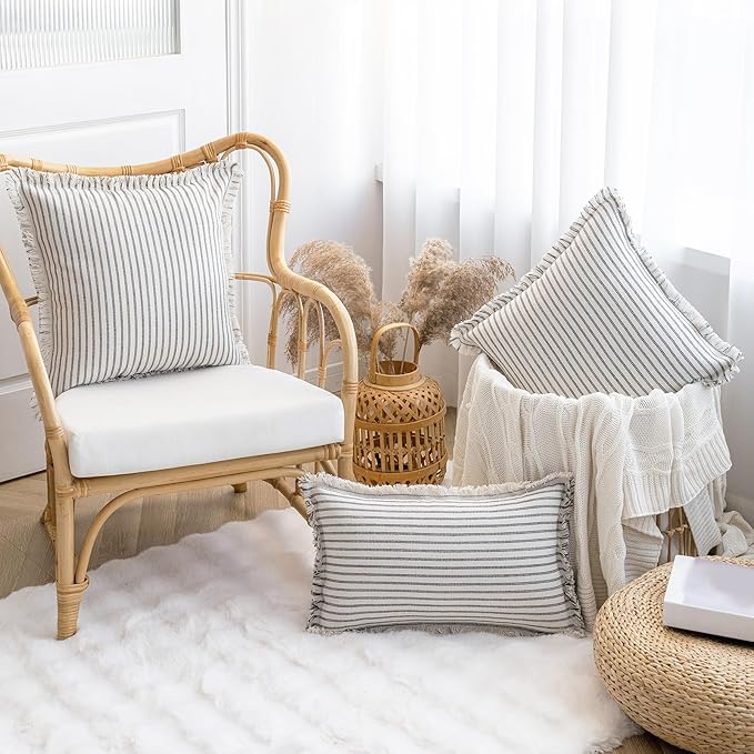 YEENAASY Throw Pillow Covers 20x20 Set of 2 Striped Fringe Pillow Cover Farmhouse Cushion Covers with Tassel Neutral Boho Pillows Decorative Square Pillowcase for Couch Sofa Bed, Grey
