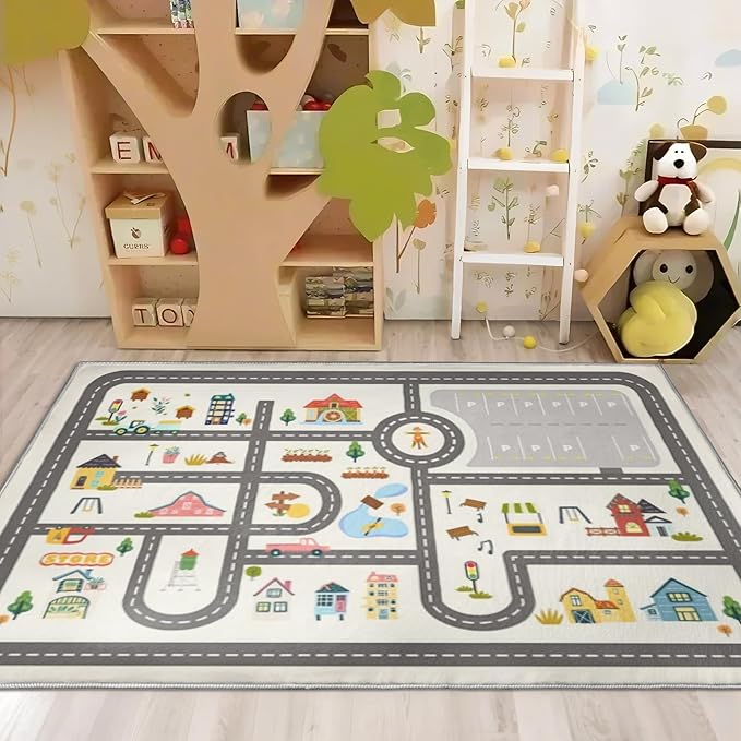 4x6ft Kids Town Road Play Rug - Non-Slip Faux Wool Carpet with Interactive City Map Design, Educational Toy Vehicle Mat for Kids, Bedroom Playroom Nursery Gift.
