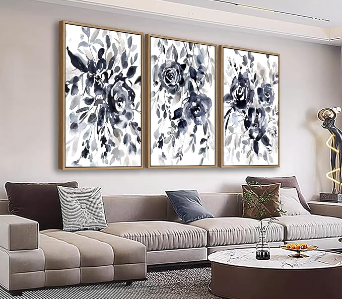 Large Flowers Wall Art for Living Room Natural Wood Float Framed Art Set of 3 Black Roses Pictures Artwork Canvas Prints for Bedroom Kitchen Home Office Wall Decor 20"X28"X3
