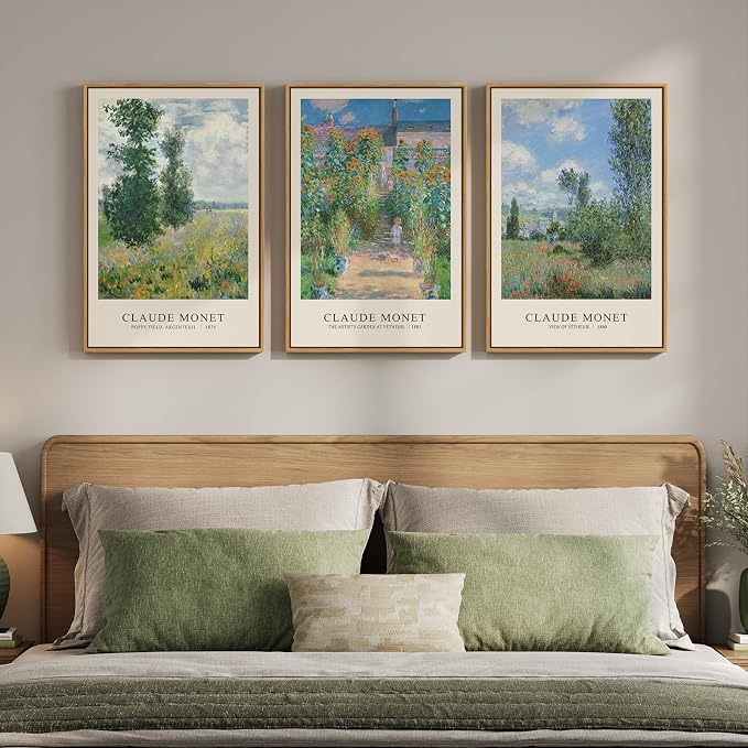 3 Piece Framed Monet Landscape Wall Art for Living Room, Vintage Impressionist Nature Canvas Prints Painting, Classic Tree Picture Artwork Decor for Bedroom Hallway 16x24 Inch