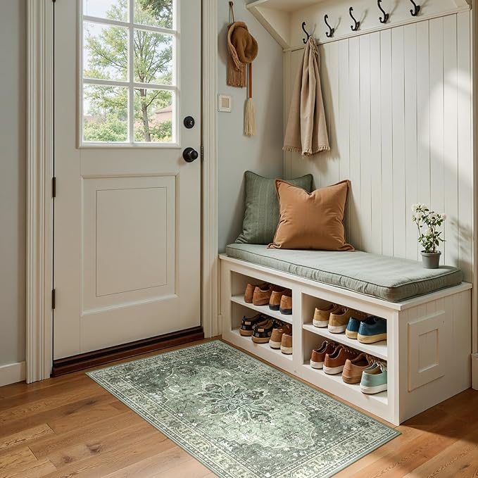 RELEANY Area Rugs 2'x4' Kitchen Rugs Entry Rug Small Rugs for Entryway Kitchen Bathroom Door Mat Indoor Entrance,Washable Non Slip, Dark Green Gray