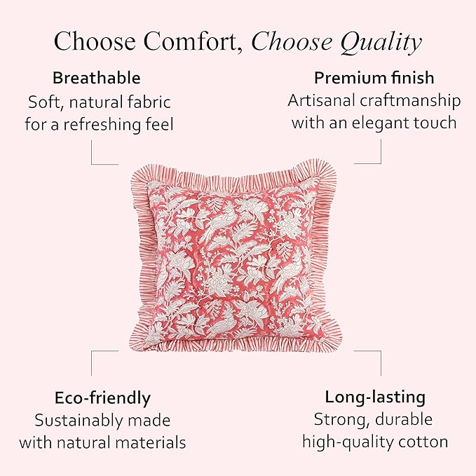 CPC Pink Coral Ruffle Throw Pillow Covers for Couch, 18x18 Inch Cotton Stripe Ruffle Couch Pillows for Living Room, Hidden 14 Inch Zipper Boho Pillow Case or Cute Outdoor Pillows