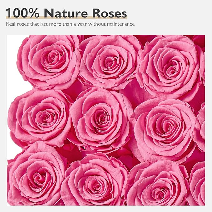 Eterfield Forever Flowers Preserved Roses Real Roses that Last Over a Year Rose Box Gifts for Her Mothers Day Valentines Day Christmas (Square Gold White Plaid Box, 16 Pink Roses)