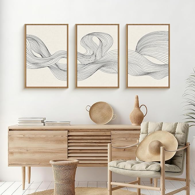 HPNIUB Large Neutral Abstract Framed Canvas Wall Art,Modern Beige Minimalist Wall Decor,Black Line Wave Art Prints,Boho Textured Artwork for Living Room, Bedroom, Office,Dining room -16"x24"x3