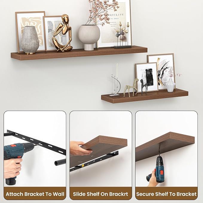 Heimlove Floating Shelves for Wall 32 Inch,Mounted Storage Wood Shelves with Invisible Brackets Hanging Shelf for Bedroom Living Room Kitchen Office,Set of 2,Walnut Color