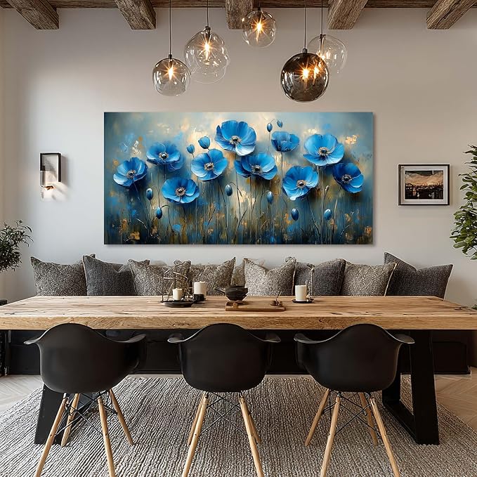 Ggaafet Navy Blue Flowers Wall Art for Living Room Canvas Oil Painting Prints Beautiful Floral Blooming Art Deco Pretty Artwork Office Bedroom Family Dining Room Decor Extra Large