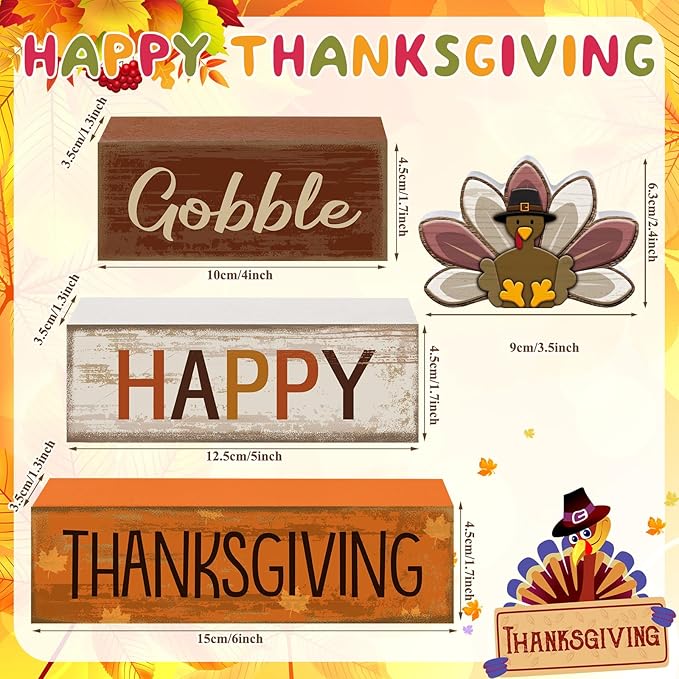 Lineshading 4 Pcs Thanksgiving Decorations for Home Wooden Turkey Thanksgiving Table Centerpiece Fall Tiered Tray Decor Rustic Wooden Turkey Block Sign for Autumn Harvest Party Table Kitchen Shelf