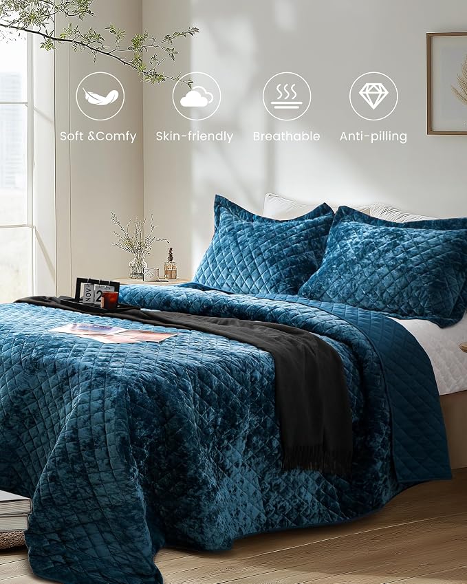 Velvet Quilt Set King Size– 3 Piece Crushed Velvet Bedding with Shams, All Season Soft Bedding Set, Machine Washable, Oeko-TEX Certified & Gift-Worthy Design (Deep Blue)
