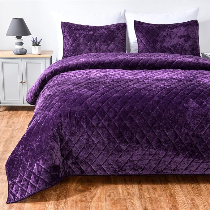 Fredsure Distressed Velvet Quilt Set, 3 Pieces Purple Queen, Distressed Velvet Face and Brushed Microfiber Reverse, with Diamond Quilting