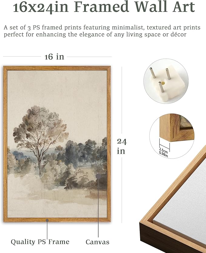 UPWOIGH Neutral Landscape Framed Wall Art, 16 x 24 Inch, Set of 3 | Muted Tree and Countryside Prints, Soft Beige and Gray Tones, Light Wood Frames for Bedroom, Office and Living Room