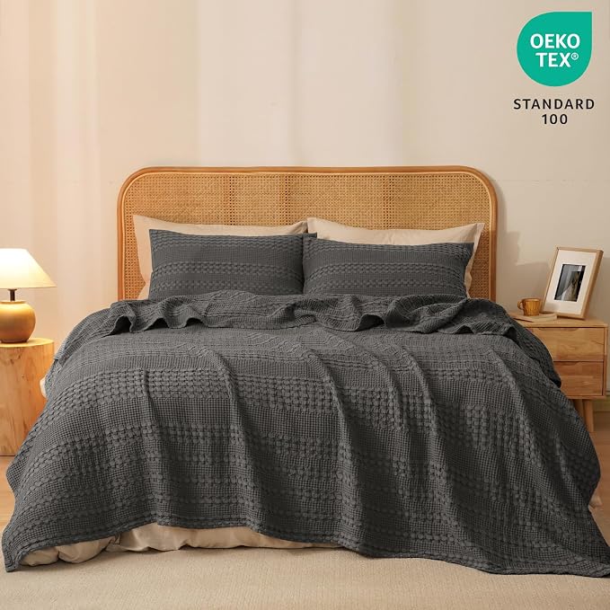 PHF 100% Cotton Waffle Blanket Twin Size for College Dorm, Lightweight Breathable and Soft for Summer, Luxury Aesthetic Waffle Weave Blanket for Bed & Gifts for Women, 66"x90", Charcoal Grey