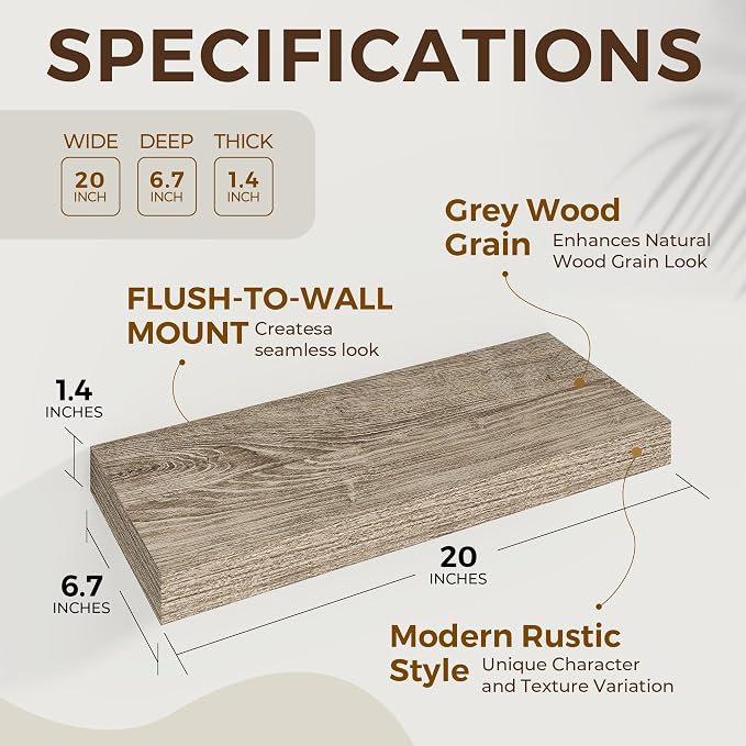 Dreamland 20Inch Floating Shelves for Wall 6.7" Deep Grey Set of 2 | Wall shelves for bathroom, bedroom, Living Room, kitchen, deep wall mount wood storage display for home decor 20" x 6.7"