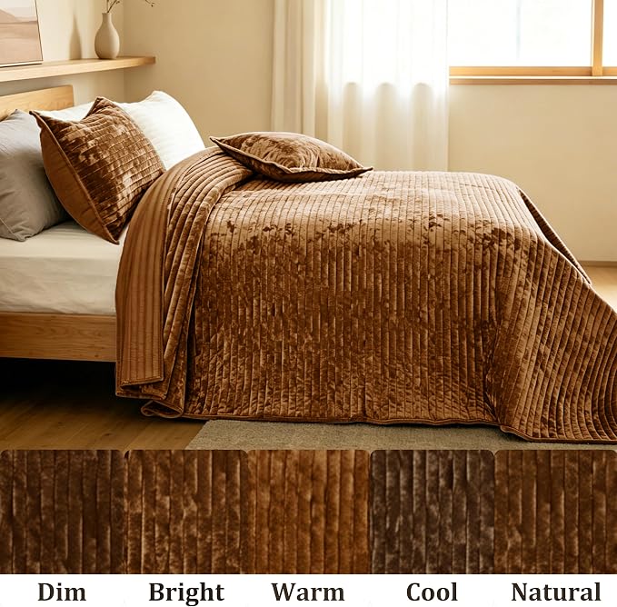 Luxury Velvet California King 106x118 in Quilt Set 3 Piece Quilted Bedspread with 2Pillow Shams(20x36) Ultra Soft Coverlet All Season Bedding for Farmhouse Modern Bedroom Sofa,Caramel
