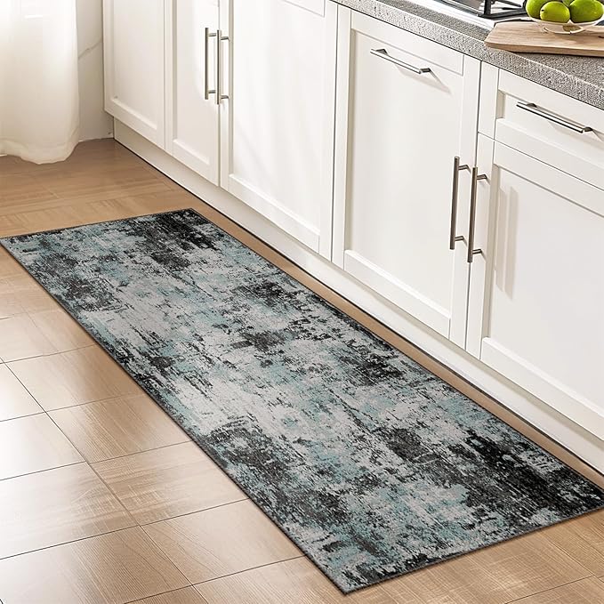 RELEANY Washable Area Rugs 2'x6' Non-Slip Modern Abstract Soft for Living Room Entryway Bedroom Nursery, Print Pattern, Blue Black Teal