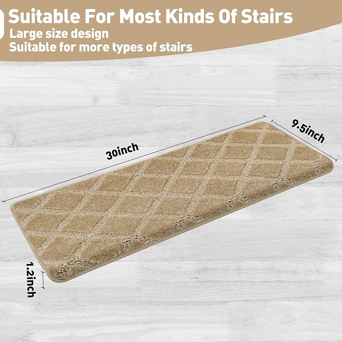 PURE ERA Bullnose Carpet Stair Treads Set Tape Free Non-Slip Indoor Stair Protectors Pet Friendly Rugs 9.5" x 30"(7 Pieces,Khaki Diamond Trellis)