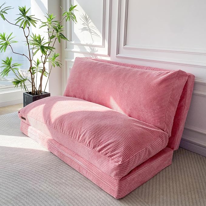 MAXYOYO Folding Sofa Bed, Floor Sofa Convertible Chair with Washable Cover, Floor Couch Lounge Bean Bag Chair Bed for Living Room, Pink, 54x91 Inch