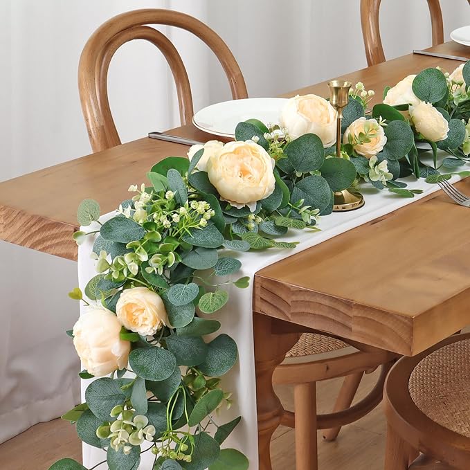 SOMYTING Artificial Flower Garlands Eucalyptus Garlands with Flowers Rose Peony Flower Vine Faux Floral Garland for Wedding Party Arch Table Wall Backdrop Decoration (Champagne, 2PCS)