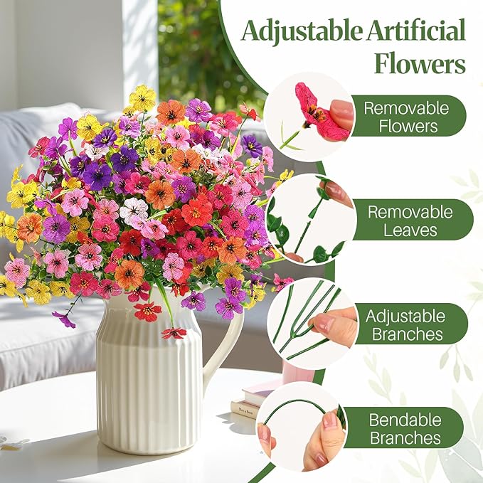 Alupssuc 48 Bundles Artificial Flowers for Outdoors Decoration, UV Resistant Silk Faux Floral Spring Fake Plastic Plants Greenery for Outside Indoor Patio Porch Window Box Home Decor(Upgrade 8 Colors)