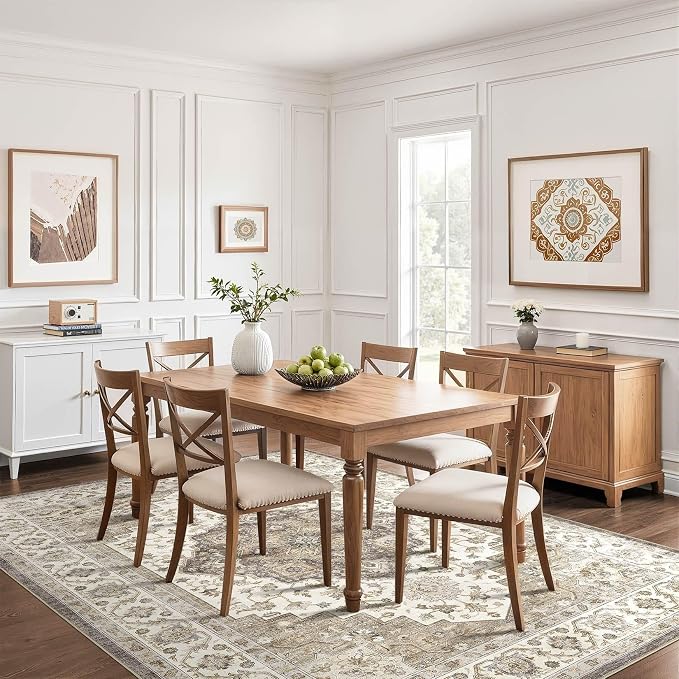 7x10 Area Rug Living Room: Washable Boho Large Neutral Vintage Soft Rug Stain Resistant Farmhouse Non-Slip Indoor Floor Carpet for Bedroom Nursery Kids Playroom Office Dining Room Home- Brown Beige