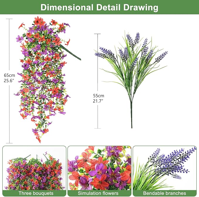 Artificial Fake Flowers Plants for Outdoor Decoration,3 Pcs Faux Hanging Flowers with Lavender Spring Summer Decor,UV Resistant Realistic Fake Silk Flowers for Planter Balcony Yard Porch Garden Decor