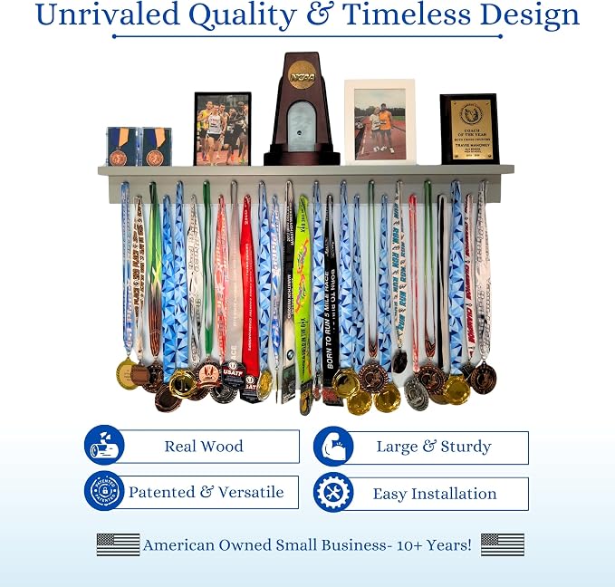 MedalAwardsRack 3ft- Ultimate Medal Hanger Display and Trophy Shelf - Multi-Sport Trophy and Medal Holder for Medal Display, Plaques, Pictures, Trophies and more. Solid Wood - Large 36" - Grey