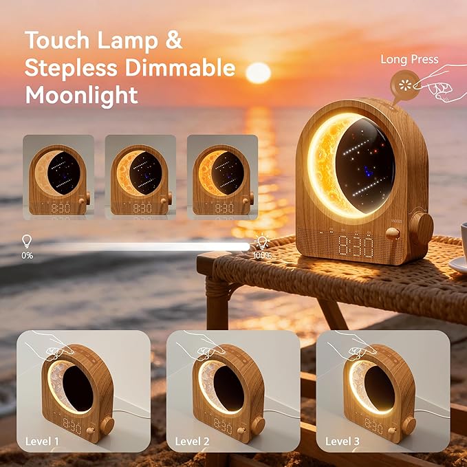 blonbar Sunrise Alarm Clocks with Dimmable Moon Lamp, 2 Alarm Clocks with 12Levels Volume for Heavy Sleepers, 10 Natural Sounds with 30/60/90mins Timer for Bedrooms, Gifts for Women (brown woodgrain).