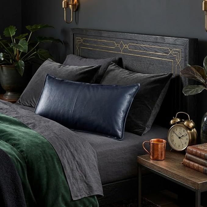 Genuine Leather Pillow Cover Case for Lumbar Throw Couch Pillows - Modern Farmhouse Decorative Sofa Thick & Soft Cushion Covers (Royal Blue, 12" x 20")