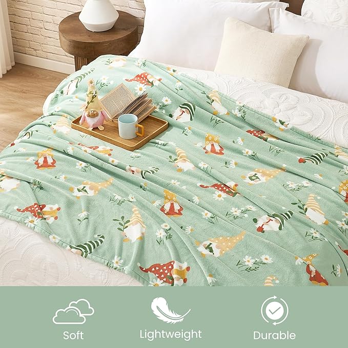 Cozy Bliss Gnome Spring Throw Blanket - Garden Daisy Floral Design, Warm MilkyPlush Throw Blankets, Ultra Soft Cozy Blankets for Couch, Sofa and Bed, Green, 50X60inches
