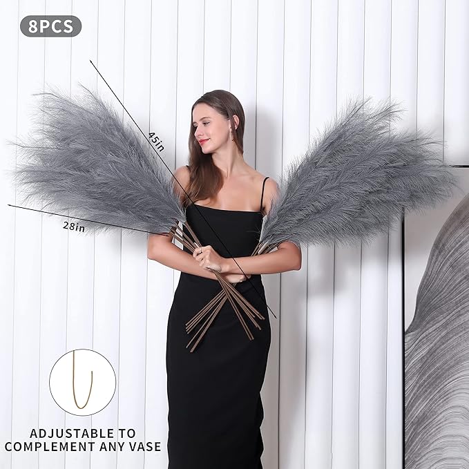 Wertuirk 8 Pcs 45 inch Tall Faux Pampas Grass Decor, Large Artificial Grey Pompous Grass Bulk, Long Fake Pompas for Floor Vase Filler, Wedding, Baby Shower, Home and Boho Decor (Grey)