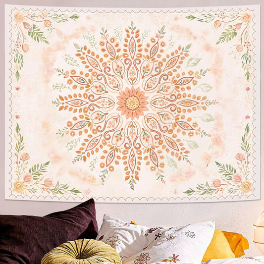 Lunerfex Floral Mandala Tapestry Boho Tapestry for Bedroom Peach Tapestries Wall Hanging Living Room Wall Art and Home Decor 70x90