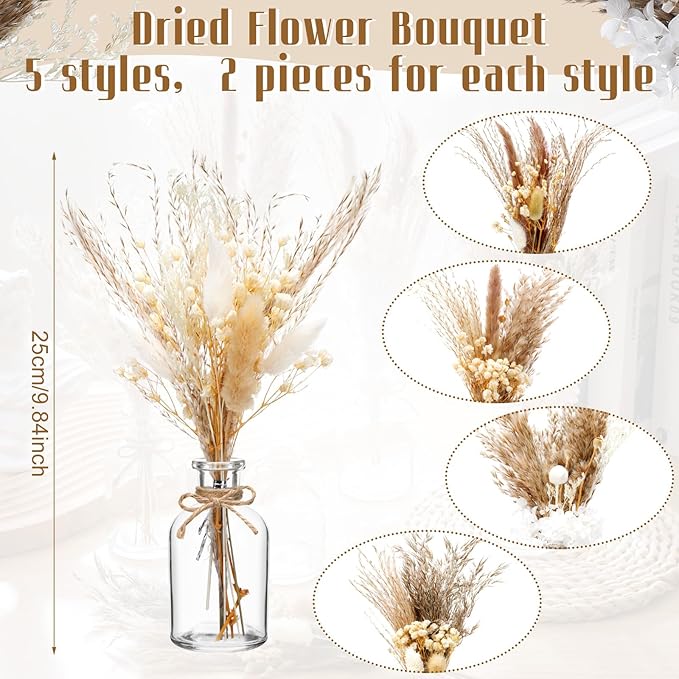 Nuanchu 10 Set Dried Pampas Grass Centerpiece for Wedding 10 Small Glass Vases 10 Dried Pampas Grass Bouquet with Rope for Baby Shower Rustic Bridal Party Farmhouse Decoration(5 Style)