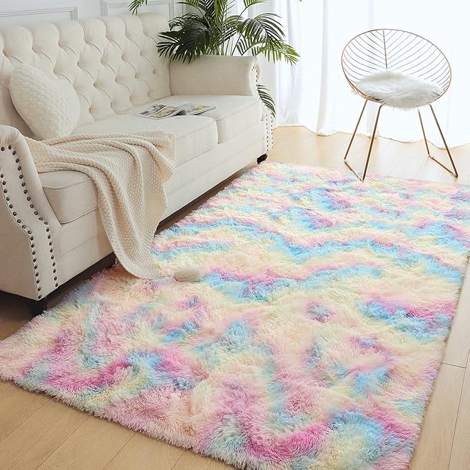 AROGAN 6x9 Feet Soft Rainbow Area Rugs for Girls Room, Fluffy Girls Bedroom Rugs, Princess Rug, Cute Colorful Carpet for Kids Teens Nursery Toddler, Pink