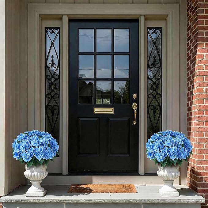 FOTEEWL 16 Bundles Artificial Hydrangea Flowers for Outdoor Decor, Realistic Faux Silk Bouquets Sun-Resistant Fake Plants for Front Door Balcony Farmhouse Garden Home Spring Summer Decor (Blue)