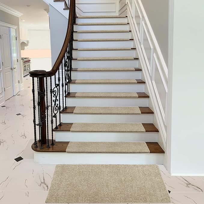 PURE ERA Bullnose Carpet Stair Treads Set Tape Free Non-Slip Indoor Stair Protectors Pet Friendly Rugs Covers Soft Skid Resistant Washable Reusable 9.5" x 30"(14 Pieces,Cream Gray)