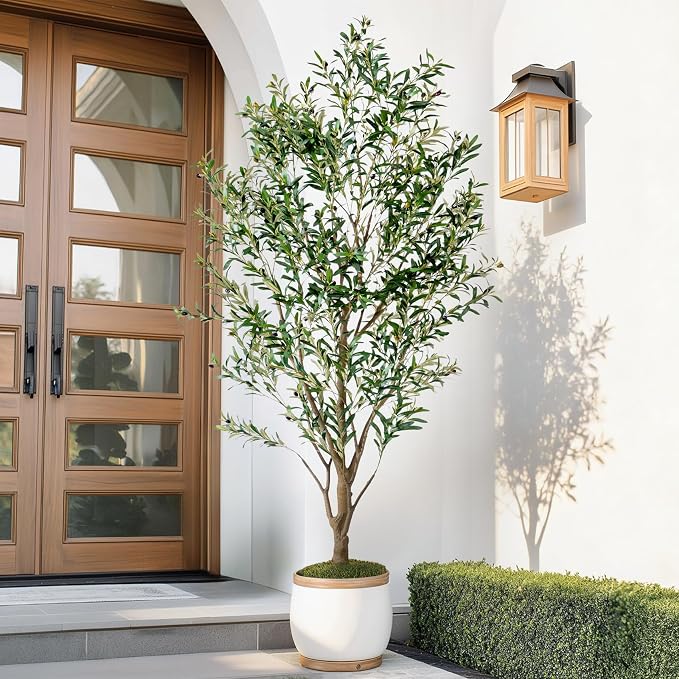 8FT Artificial Olive Tree with Realistic Leaves & Natural Trunk, Faux Silk Olive Plant in White Planter, Tall Fake Tree for Modern Home Office Living Room Entryway Corner Decor, Maintenance Free