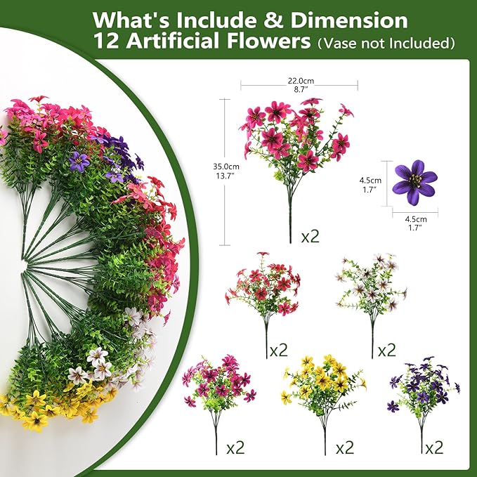 Homsunny Artificial Fake Flowers for Outdoor Spring Decoration, 12 Bundles Faux Plants Silk Daisy Bulk UV Resistant Realistic for Outside Porch Patio Balcony Planter Yard Garden Home Decor(Mixed 2)