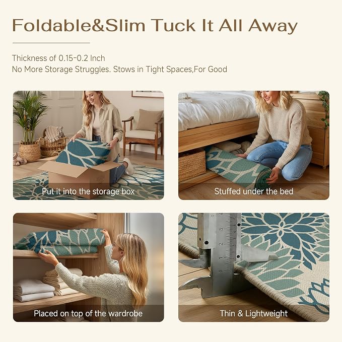 HUGEAR 5'x7' Waterproof Blue Floral Outdoor Rug Patio Linen-Look Floor Mat for Camping RV Outside Area Rug Deck Porch Balcony Backyard Picnic Beach Carpet Home Decor
