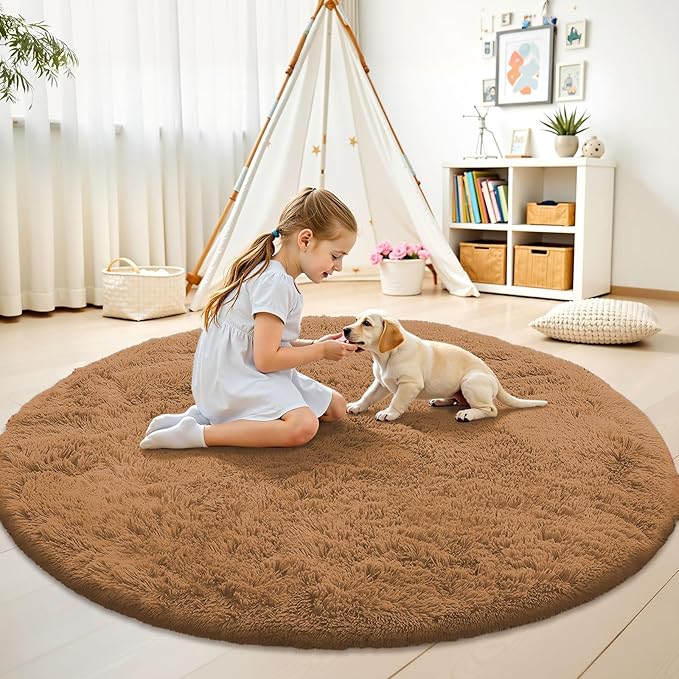OLANLY Khaki Round Rugs for Bedroom - Machine Washable, 5 ft Circle Area Rugs for Living Room, Soft and Fluffy Shaggy Carpet for Teen Girl and Boys, Nursery Rooms, Dorms, Home Decor Aesthetic