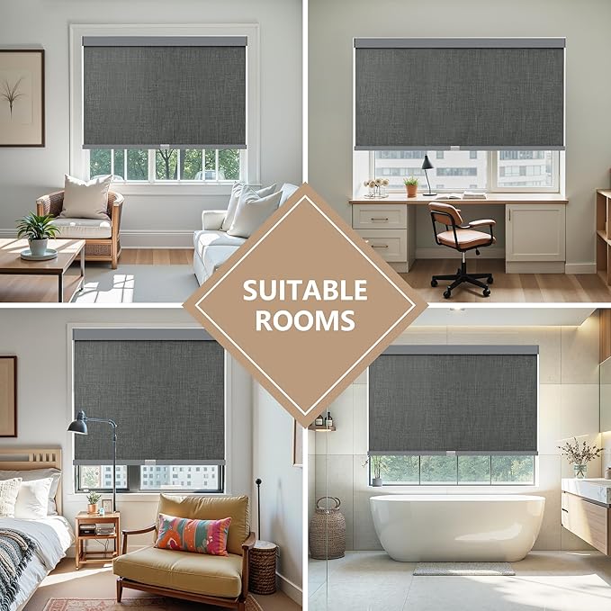 AOSKY Linen Roller Blinds Shades for Indoor Windows Pull Down Cordless Blackout Black Out Window Shade 72 Inch Blinds for Home Dark Grey