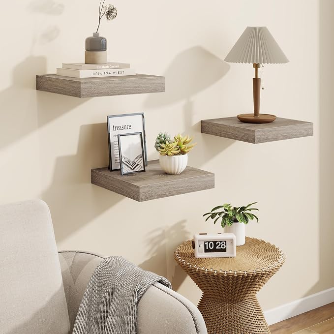 Marsmiles Square Floating Shelves for Wall, 12" W x 12" D x 1.5" H, 3 Pack Small Wall Mounted Engineered Wood Shelves with Invisible Brackets for Living Room, Bedroom, Bathroom, Kitchen Decor, Grey