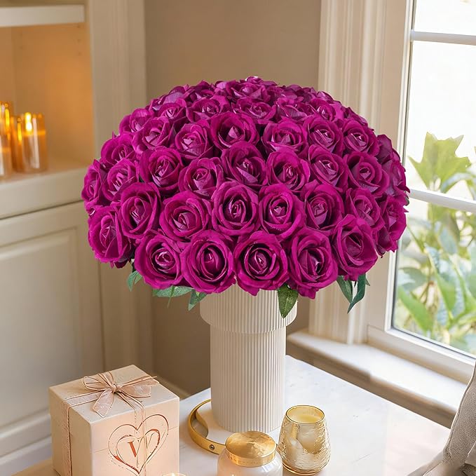 50 PCS Roses Artificial Flowers, Fake Roses with Stem Realistic Magenta Silk Roses for DIY Wedding Bouquets Table Centerpieces Arrangements Baby Shower Birthday Home Decor Valentine's Day Gift for Her