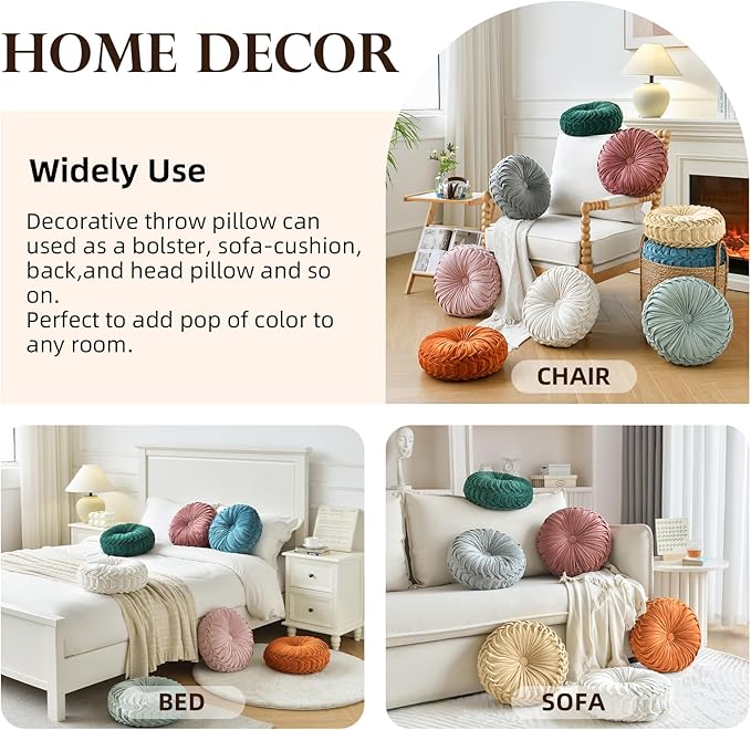 Teieas Round Throw Pillow Velvet Home Decoration Pleated Round Pillow Cushion for Couch Chair Bed Car Light Green