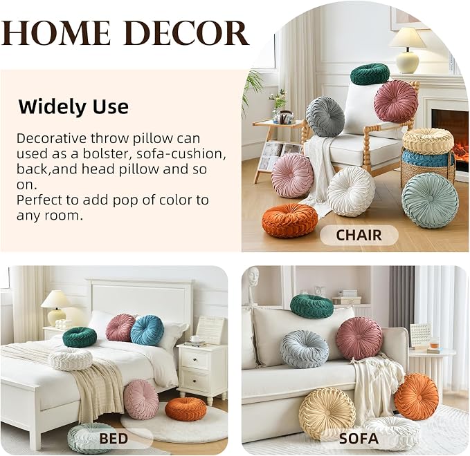 Teieas Round Throw Pillow Velvet Home Decoration Pleated Round Pillow Cushion for Couch Chair Bed Car Light Blue
