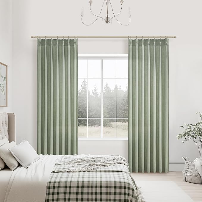 Sage Green Pinch Pleated Floor to Ceiling 102 Inch Long Curtains for Dining Room, Thick Linen Semi Sheer Window Drapes Light Filtering Privacy 8-1/2 FT Length Office/Sunroom Large Curtain 2 Panels