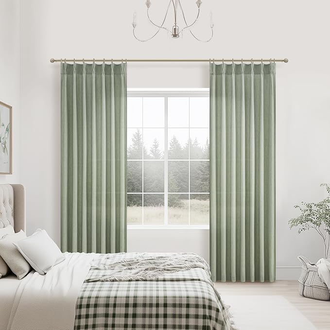 Extra Long Sage Green Thick Linen Sheer Curtains 108 Inches Long for Sliding Glass Door, Lush Decor Pinch Pleated Aesthetic Curtain with Hooks Rings & Back Tab 9 FT Bedroom Window Drapes 2 Panels Set