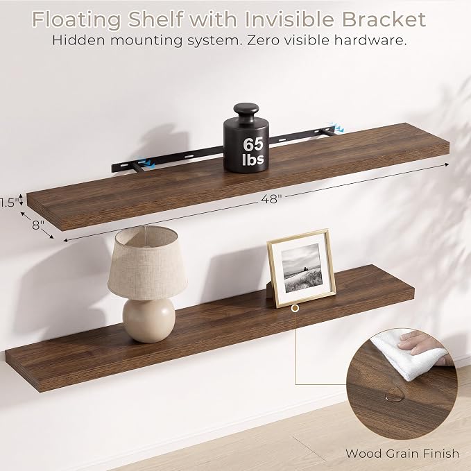 Vivelove Wall Floating Shelves for Display with Invisible Brackets, 48 Inch Floating Shelf for Under TV Over Fireplace Bedroom Living Room Office, 48”X 8”X 1.4", Set of 2 - Walnut
