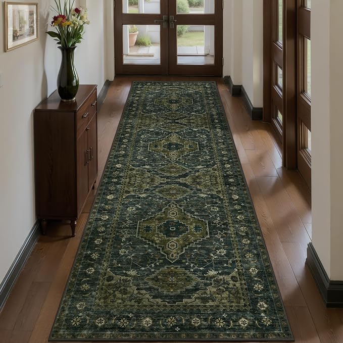 Tangsoo 2.6x10 Washable Hallway Runner Rug, Non Slip Vintage Runner Rug for Hallways, Soft Low Pile Long Rug Runner, Print Distressed Carpet Runners for Kitchen Bedroom Entryway Living Room Green