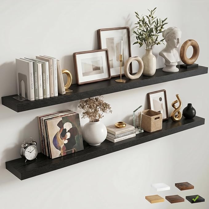72 Inch Floating Shelves for Wall, 8"D Wood Storage Shelves, Black Finish | Engineered Wood, Invisible Bracket, Large Storage, Easy Install, Hold Up to 99lbs, Living Room, Bathroom, Bedroom, Kitchen